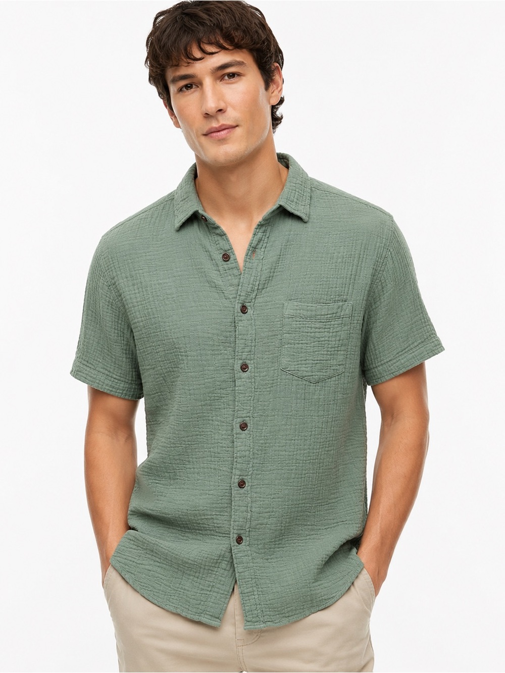 J.Crew Cotton Gauze Camp Shirt Green Short Sleeve Button Up Men’s Large